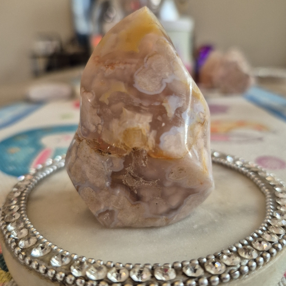 Natural Flower Agate Crystal Carved Torch Flame Tower New #3